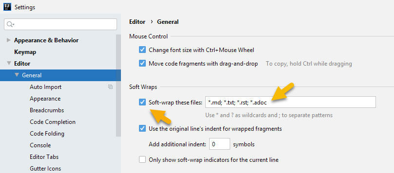 Editor settings showing soft wrap