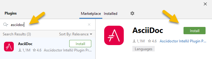 Install AsciiDoc plugin from marketplace